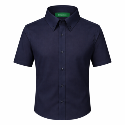 Men's navy blue short sleeve dress shirt with classic collar, premium modern menswear.