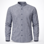 Men's grey striped band collar shirt with a modern tailored fit, premium casual and formal menswear.