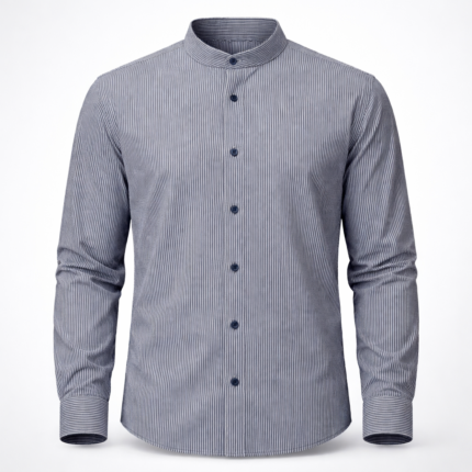 Men's grey striped band collar shirt with a modern tailored fit, premium casual and formal menswear.