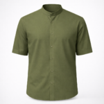 Men's olive green short sleeve band collar shirt with a modern tailored design, premium casual menswear.