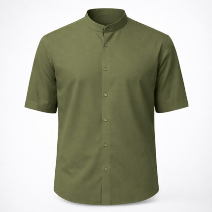 Men's olive green short sleeve band collar shirt with a modern tailored design, premium casual menswear.