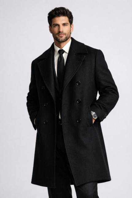 Man wearing a black double-breasted overcoat over a formal suit and tie, showcasing premium men's tailored outerwear.