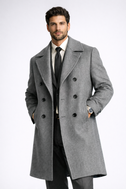 Man wearing a grey double-breasted overcoat over a formal suit and tie, showcasing premium men's tailored outerwear.