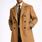 Man wearing a camel double-breasted overcoat over a formal suit and tie, showcasing premium men's tailored outerwear.