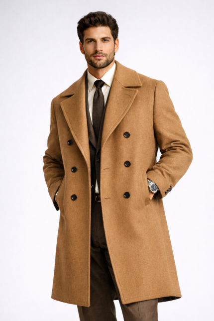 Man wearing a camel double-breasted overcoat over a formal suit and tie, showcasing premium men's tailored outerwear.
