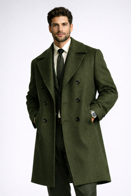 Man wearing a dark green double-breasted overcoat over a formal suit and tie, showcasing premium men's tailored outerwear.