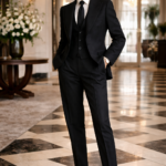 Woman wearing a tailored black suit with a tie and heels, standing confidently in an elegant lobby with marble floors and a chandelier.