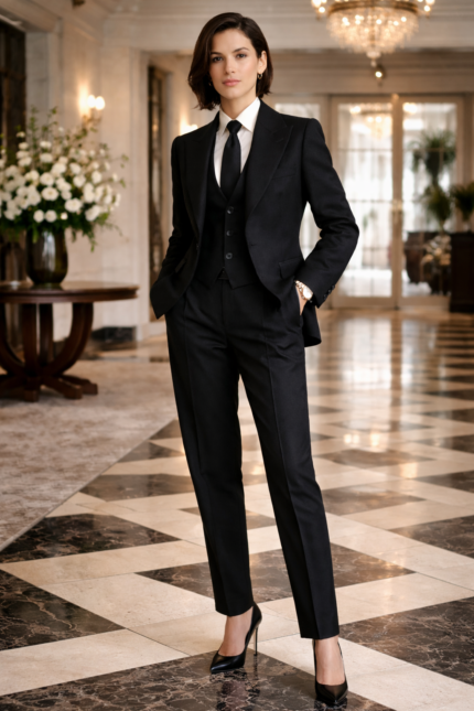 Woman wearing a tailored black suit with a tie and heels, standing confidently in an elegant lobby with marble floors and a chandelier.