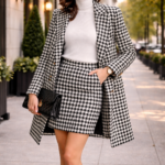 Elegant woman wearing a black and white houndstooth coat and matching skirt suit walking on a city street, showcasing premium women's tailored fashion.