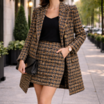 Elegant woman wearing a brown tweed coat and matching skirt suit walking in a city street, premium tailored women's suiting fashion.