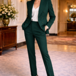 Woman wearing a tailored dark green suit with a white top and black heels, standing confidently in an elegant lobby.