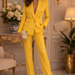 Woman wearing a bright yellow tailored suit with nude heels and holding a clutch, standing in an elegant luxury interior.