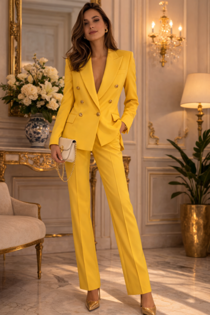 Woman wearing a bright yellow tailored suit with nude heels and holding a clutch, standing in an elegant luxury interior.