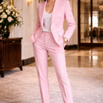 Woman wearing a soft pink tailored suit with a white top and black heels, standing confidently in an elegant lobby.