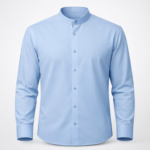 Men's light blue band collar dress shirt with a clean minimal design, premium tailored formal menswear shirt.