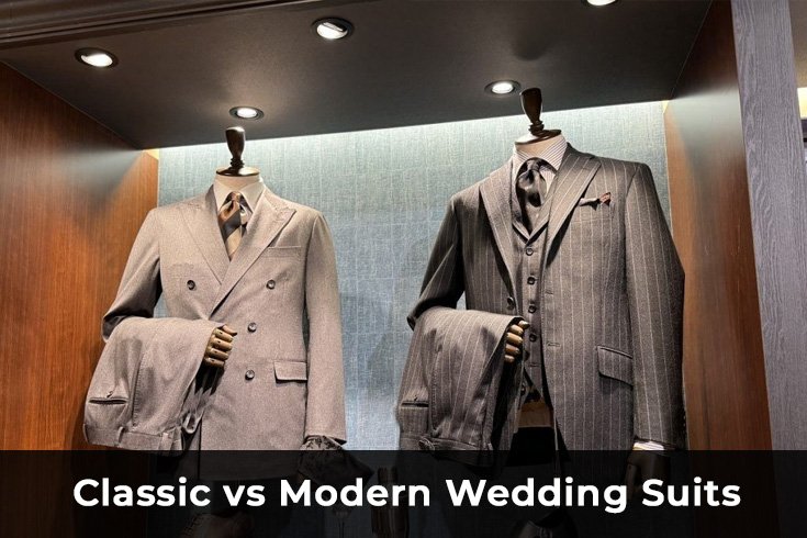 classic vs modern wedding suits comparison tailored suits Eleganza Traders groom style