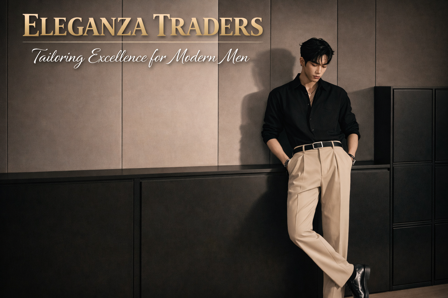 Modern man wearing stylish tailored outfit by Eleganza Traders showcasing contemporary fashion and premium tailoring services