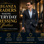 Stylish man in a tailored suit walking inside a luxury wardrobe showroom by Eleganza Traders