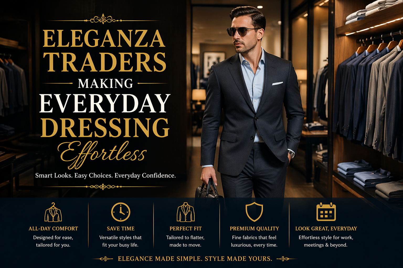 Stylish man in a tailored suit walking inside a luxury wardrobe showroom by Eleganza Traders
