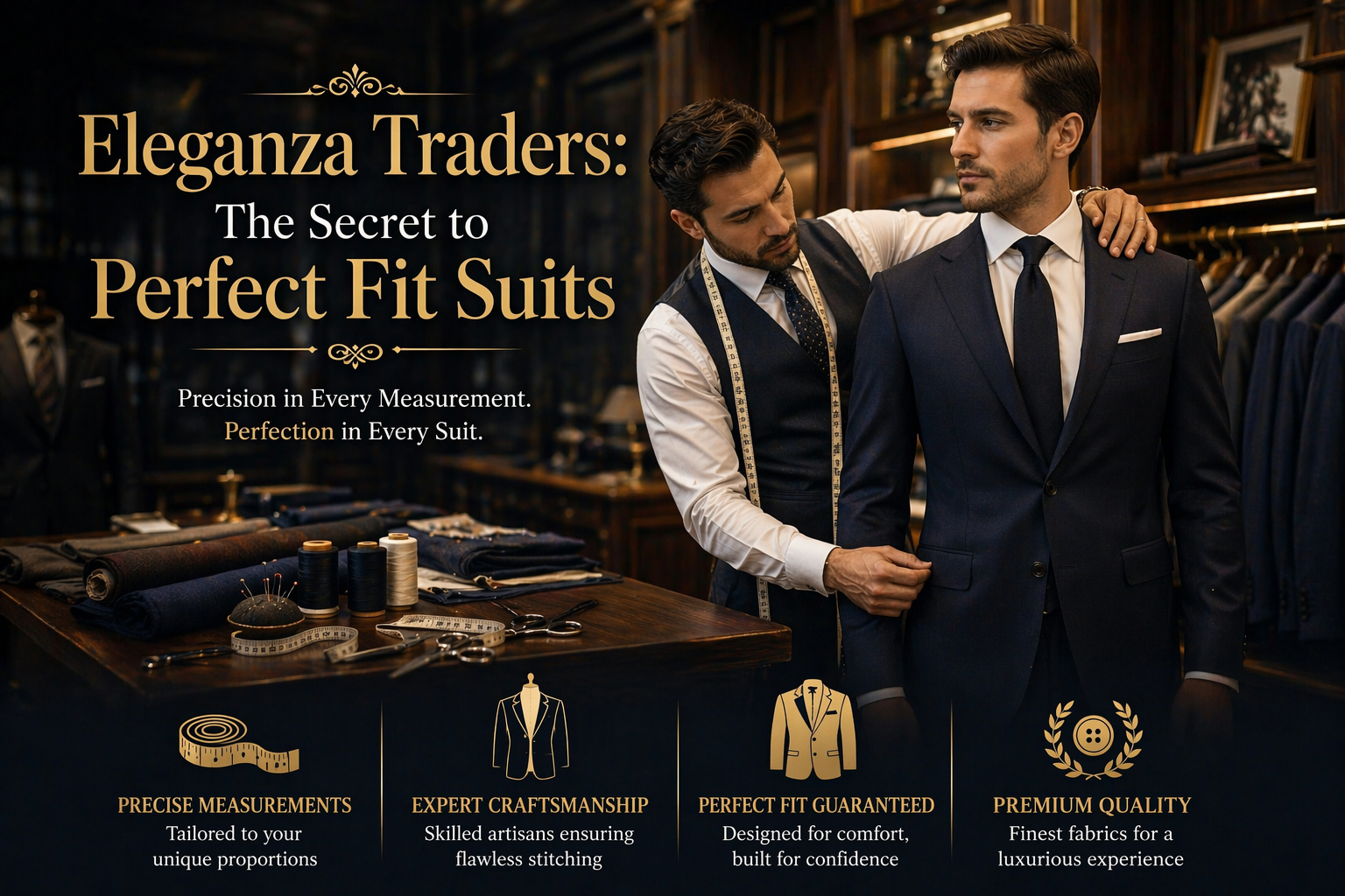 Tailor adjusting a suit on a client at Eleganza Traders showcasing perfect fit tailoring services and precision measurements