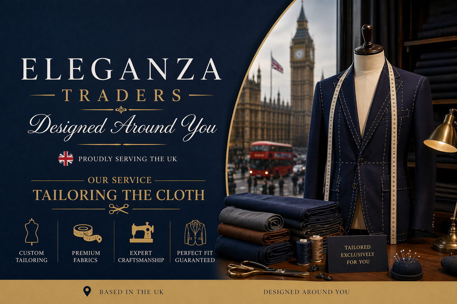 Custom tailored suit on mannequin with measuring tape and fabrics in London showroom representing Eleganza Traders personalized tailoring services in the UK