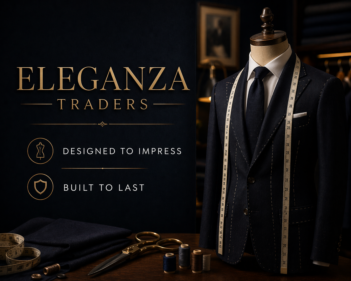 Premium tailored suit on mannequin with measuring tape and tailoring tools by Eleganza Traders