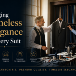 Tailor presenting a custom suit to a client in a premium tailoring studio at Eleganza Traders