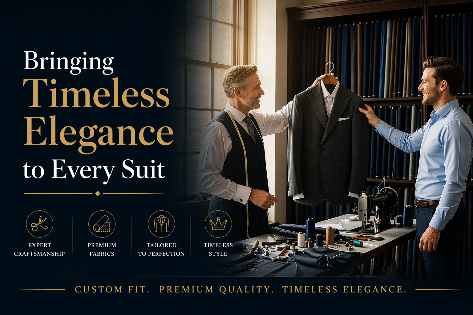 Tailor presenting a custom suit to a client in a premium tailoring studio at Eleganza Traders