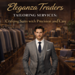 Man wearing a custom tailored suit at Eleganza Traders showroom showcasing premium tailoring services and perfect fit