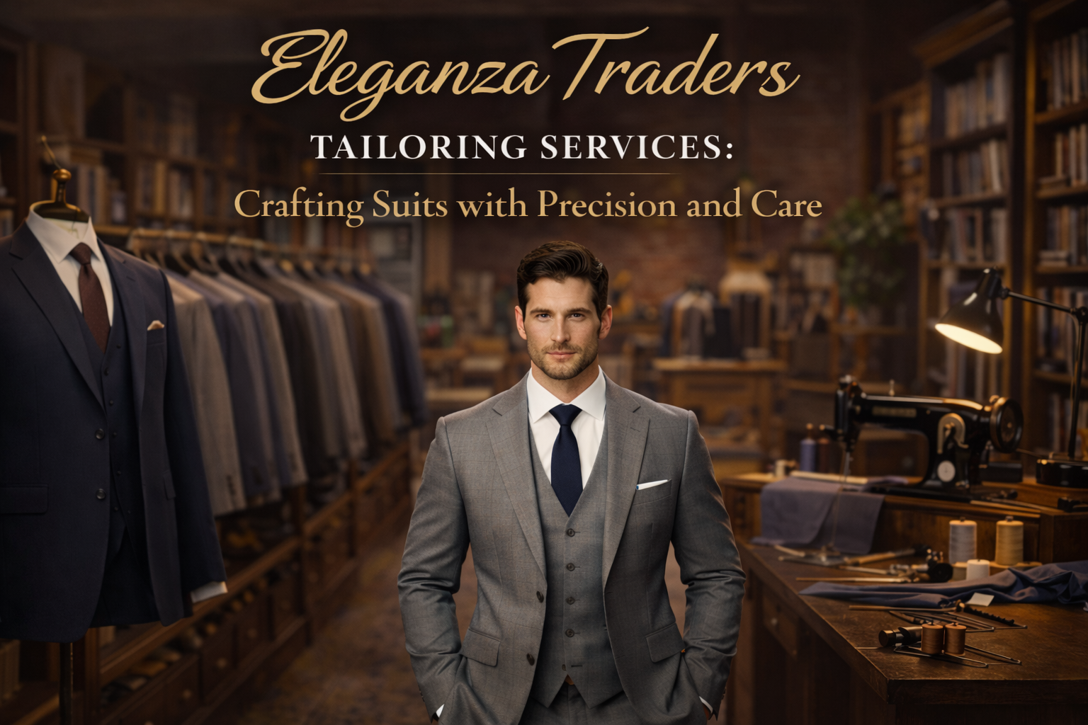 Man wearing a custom tailored suit at Eleganza Traders showroom showcasing premium tailoring services and perfect fit