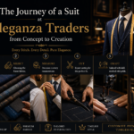 Step-by-step tailoring process showing concept, fabric selection, measuring, cutting, stitching, and final suit creation at Eleganza Traders