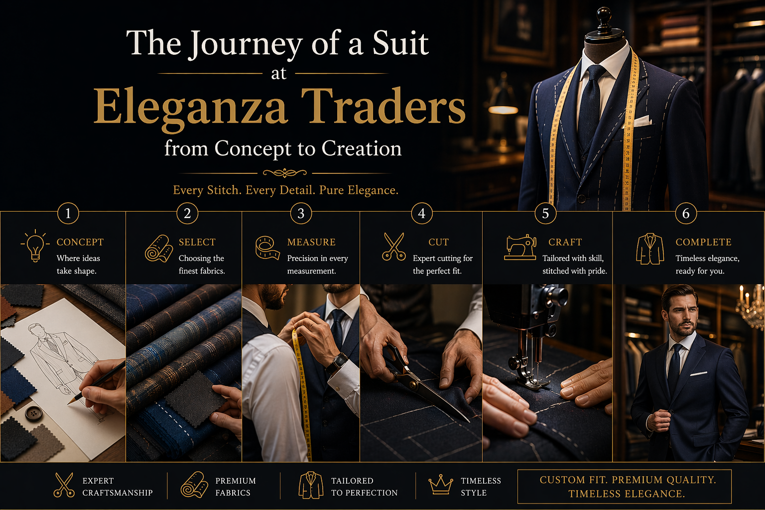 Step-by-step tailoring process showing concept, fabric selection, measuring, cutting, stitching, and final suit creation at Eleganza Traders