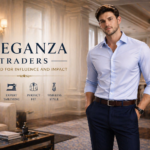 Man wearing a tailored light blue shirt in a luxury interior representing Eleganza Traders premium suiting and refined style in the UK