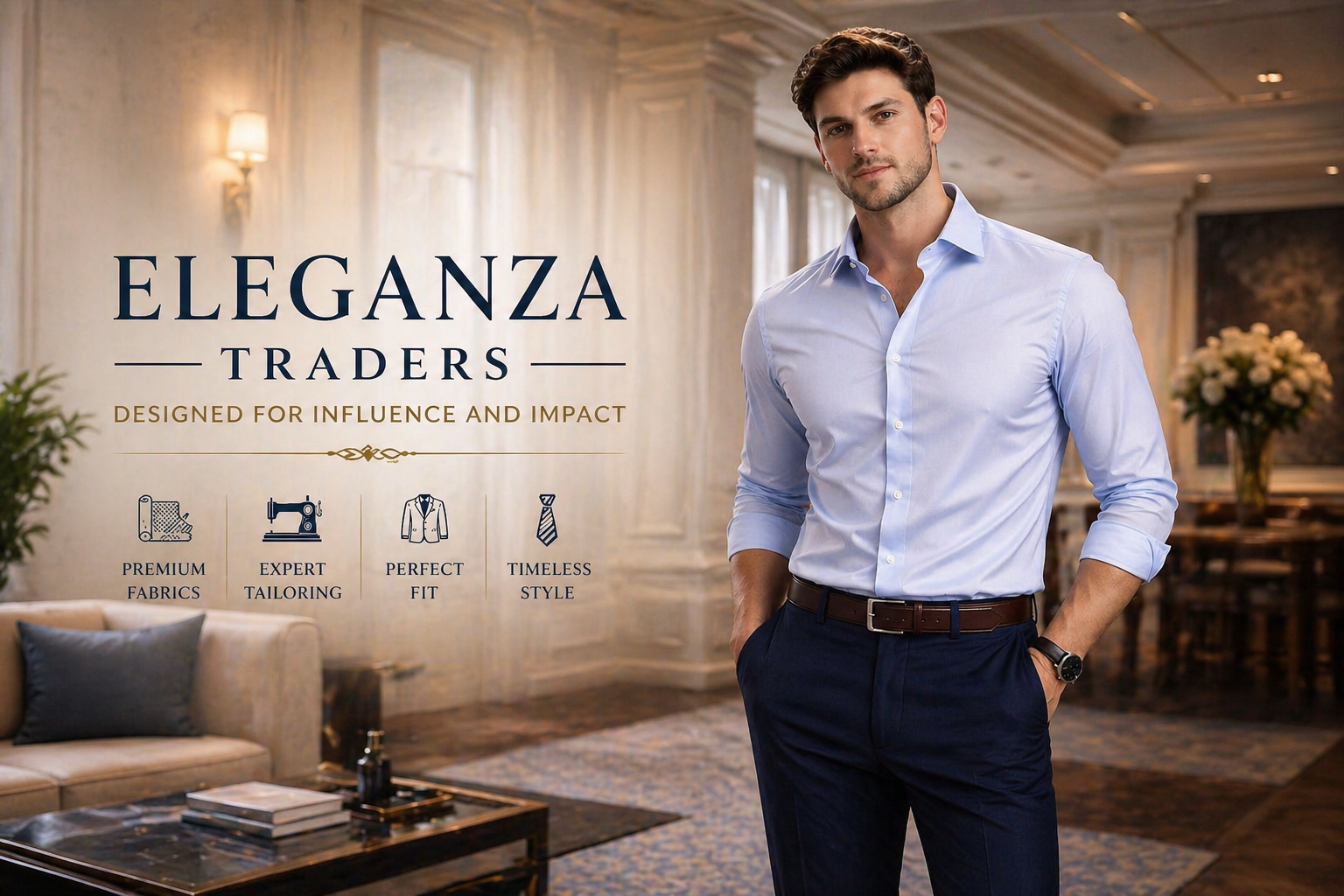 Man wearing a tailored light blue shirt in a luxury interior representing Eleganza Traders premium suiting and refined style in the UK