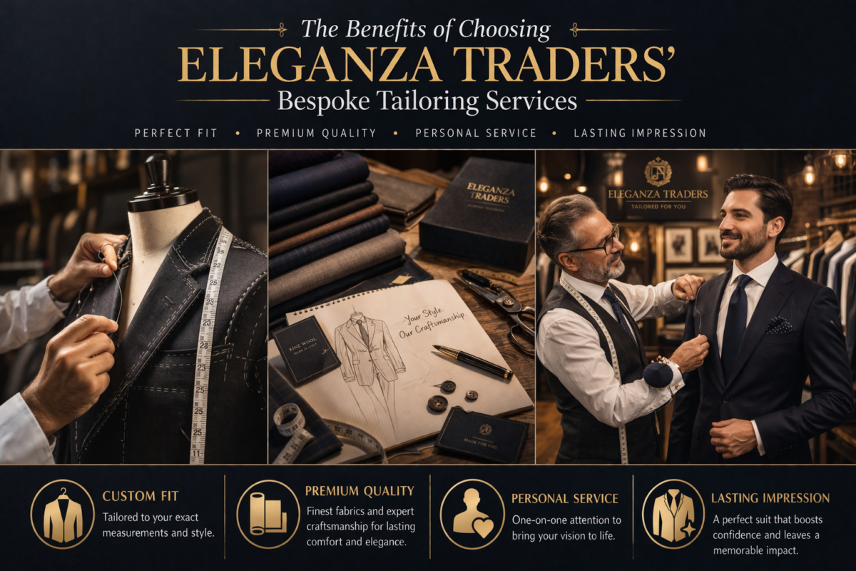Bespoke tailoring services by Eleganza Traders showing custom suit fitting, premium fabrics, and expert craftsmanship in a luxury tailoring studio