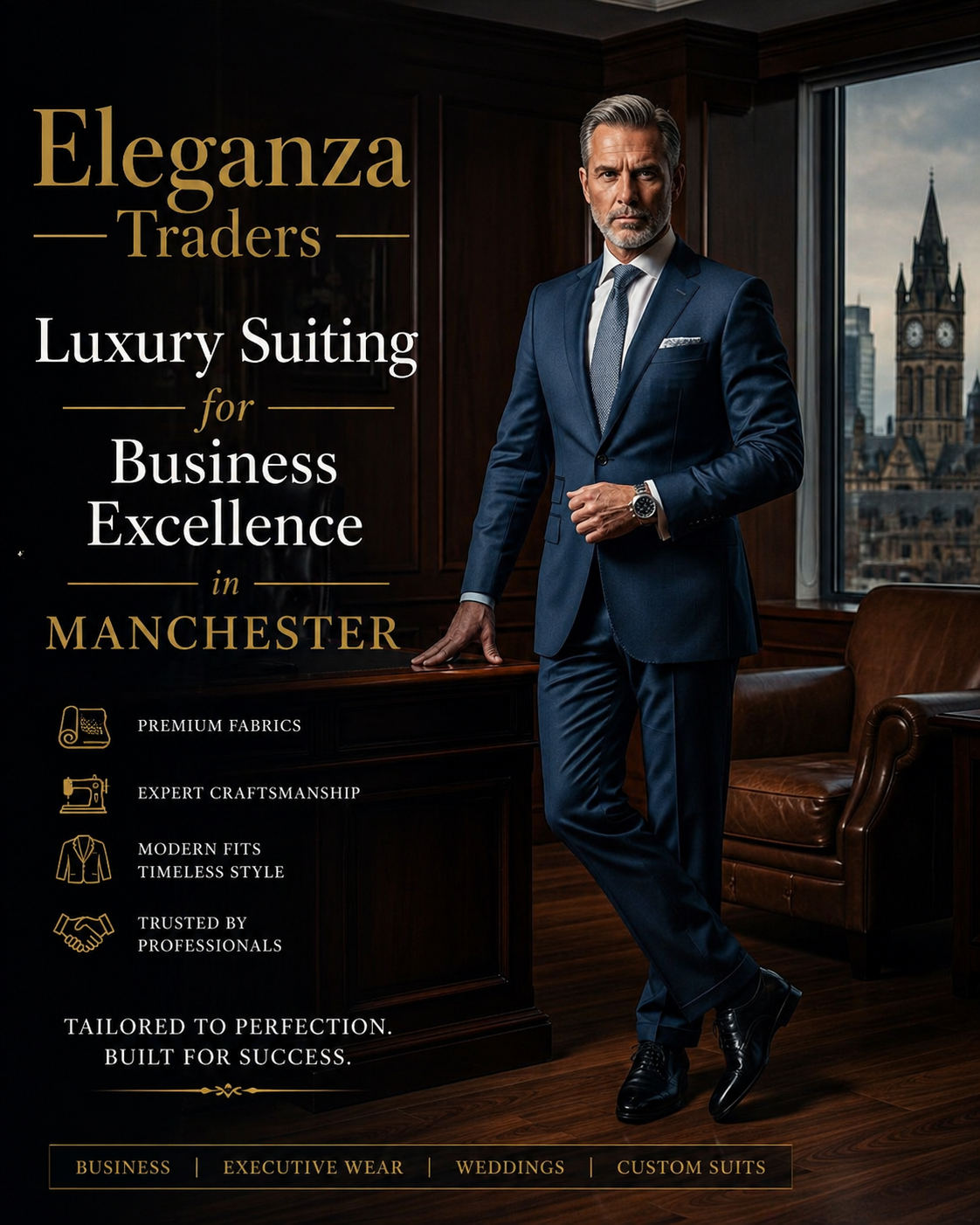Professional man in a luxury tailored navy suit standing in an office in Manchester showcasing Eleganza Traders premium business suiting