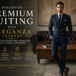 Man wearing a premium navy double-breasted suit in a luxury interior setting representing Eleganza Traders bespoke suiting in London