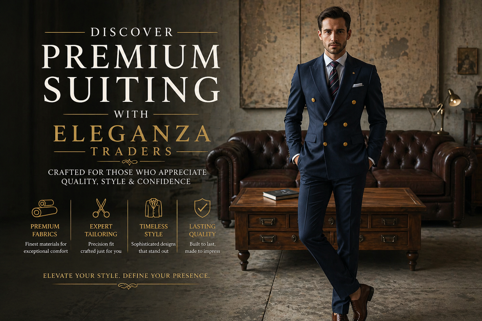 Man wearing a premium navy double-breasted suit in a luxury interior setting representing Eleganza Traders bespoke suiting in London