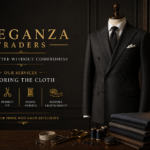 Luxury tailored black suit on mannequin with premium fabrics and tailoring tools representing Eleganza Traders bespoke tailoring services in the UK