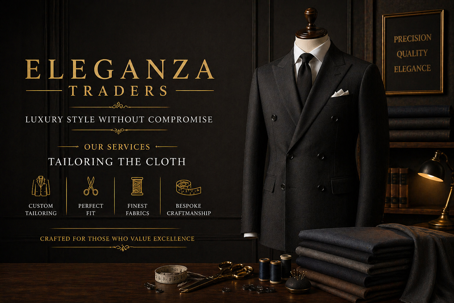 Luxury tailored black suit on mannequin with premium fabrics and tailoring tools representing Eleganza Traders bespoke tailoring services in the UK