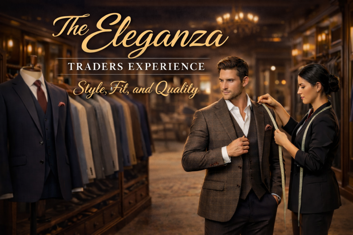 Elegant custom tailoring service at Eleganza Traders with a tailor measuring a man in a luxury suit showroom