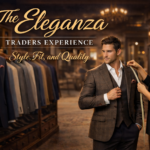 Elegant custom tailoring service at Eleganza Traders with a tailor measuring a man in a luxury suit showroom