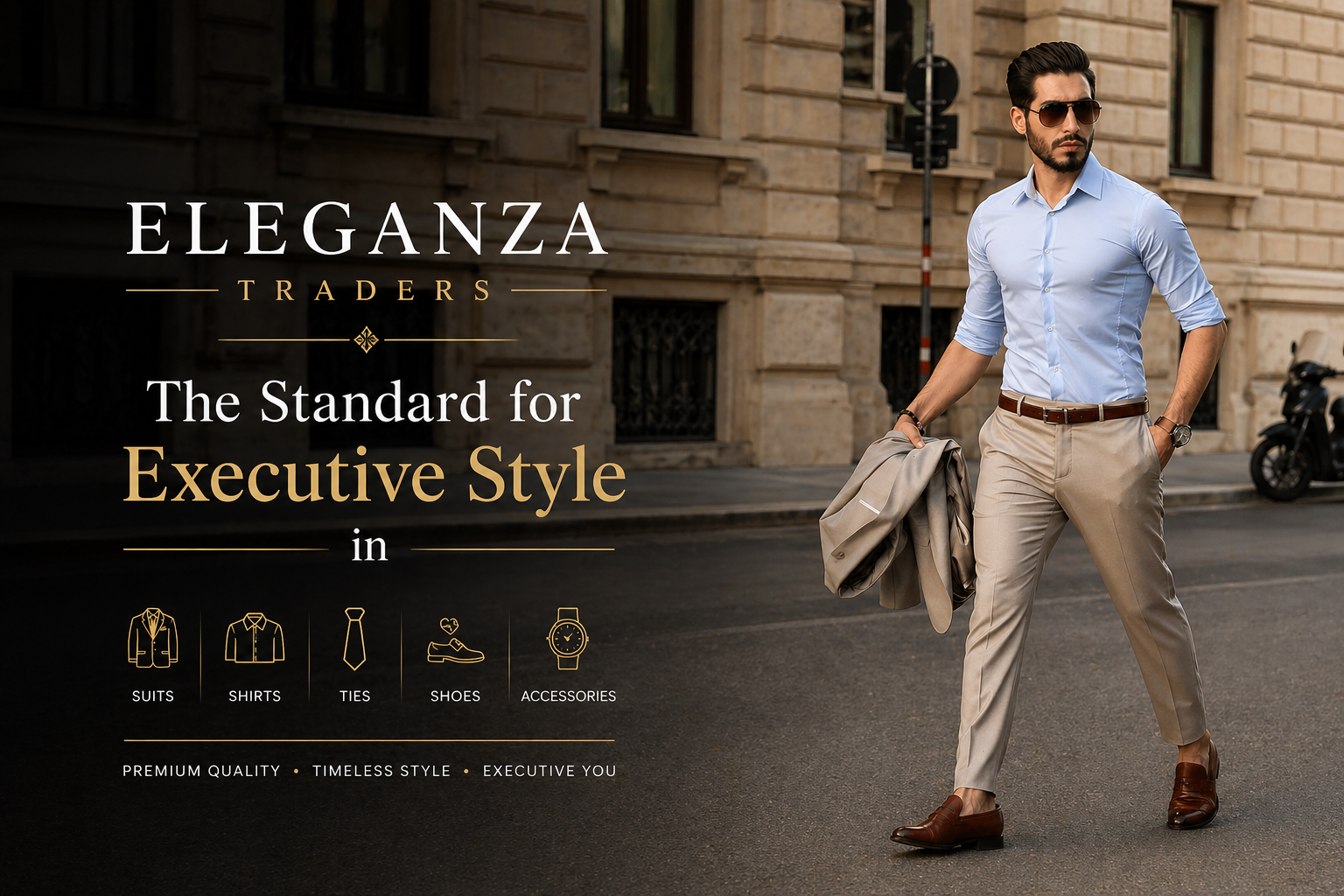 Man wearing a light blue shirt and beige tailored trousers walking confidently on a city street representing Eleganza Traders modern executive style and premium tailoring
