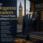Elegant navy tailored suit displayed in a London showroom with Big Ben in the background, representing Eleganza Traders premium suiting services