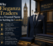 Elegant navy tailored suit displayed in a London showroom with Big Ben in the background, representing Eleganza Traders premium suiting services