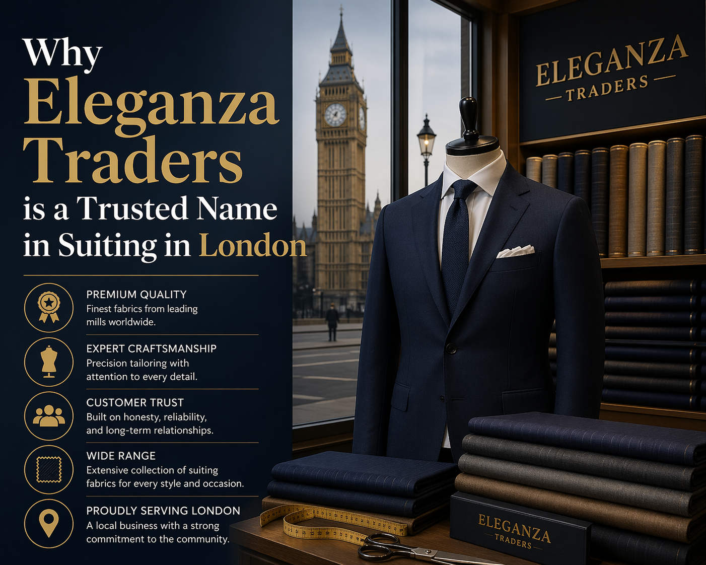 Elegant navy tailored suit displayed in a London showroom with Big Ben in the background, representing Eleganza Traders premium suiting services