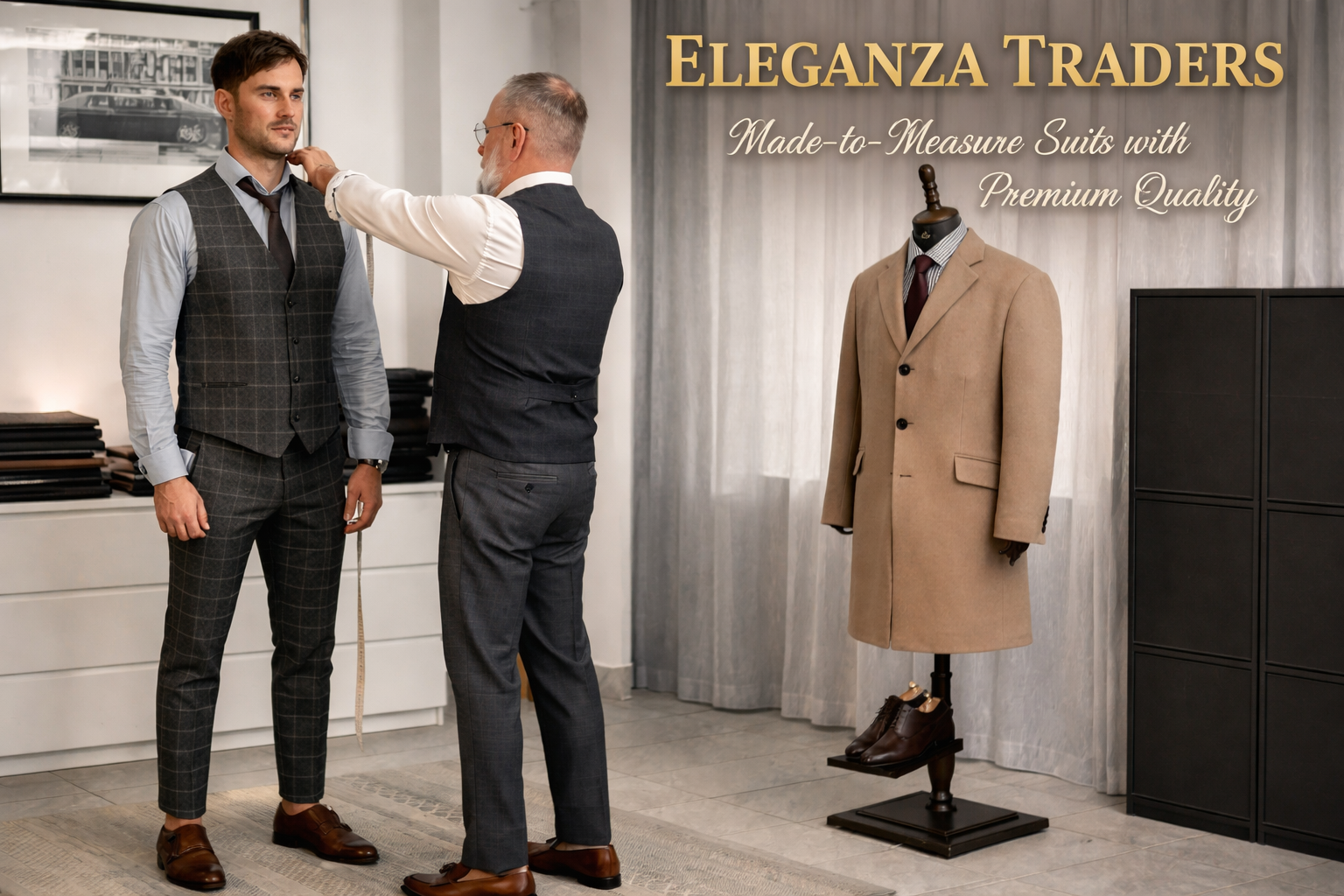 Tailor measuring a client for a made-to-measure suit at Eleganza Traders showcasing premium tailoring services and perfect fit