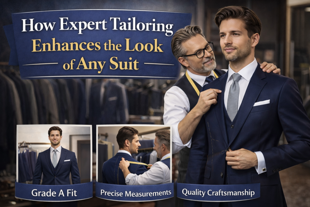 tailor adjusting navy suit for perfect fit in menswear store with precise measurements and craftsmanship