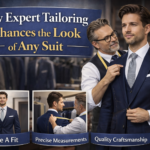 tailor adjusting navy suit for perfect fit in menswear store with precise measurements and craftsmanship