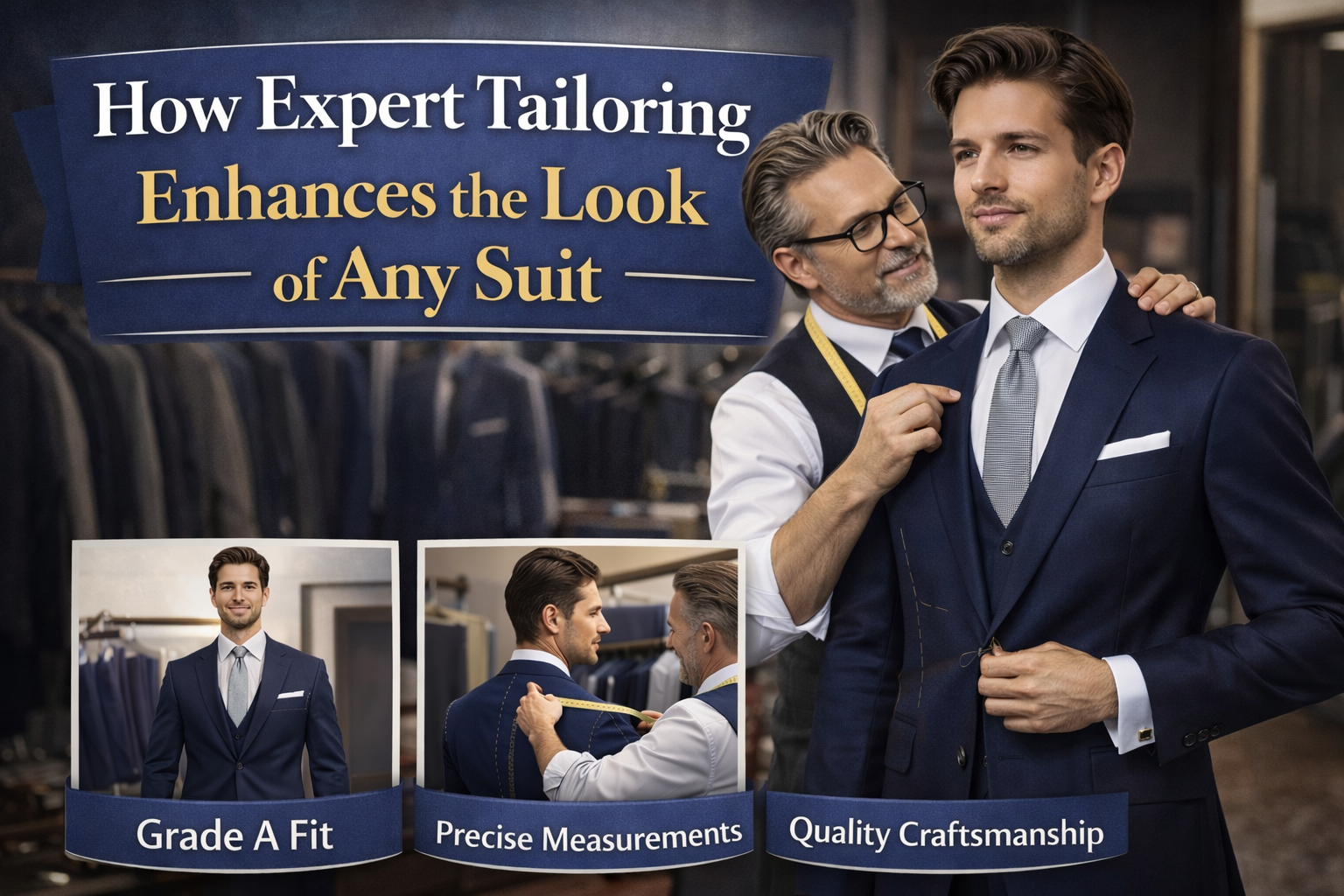 tailor adjusting navy suit for perfect fit in menswear store with precise measurements and craftsmanship